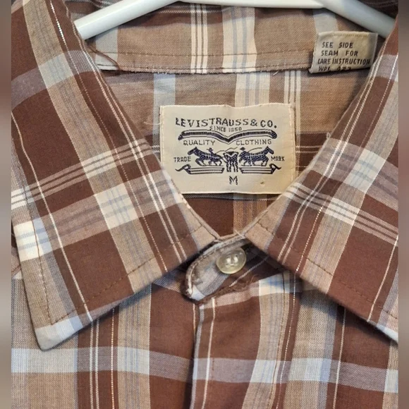 LeviStrauss & Company Brown Plaid Long Sleeve Shirt With Shimmery Gold Threading - Picture 3 of 14